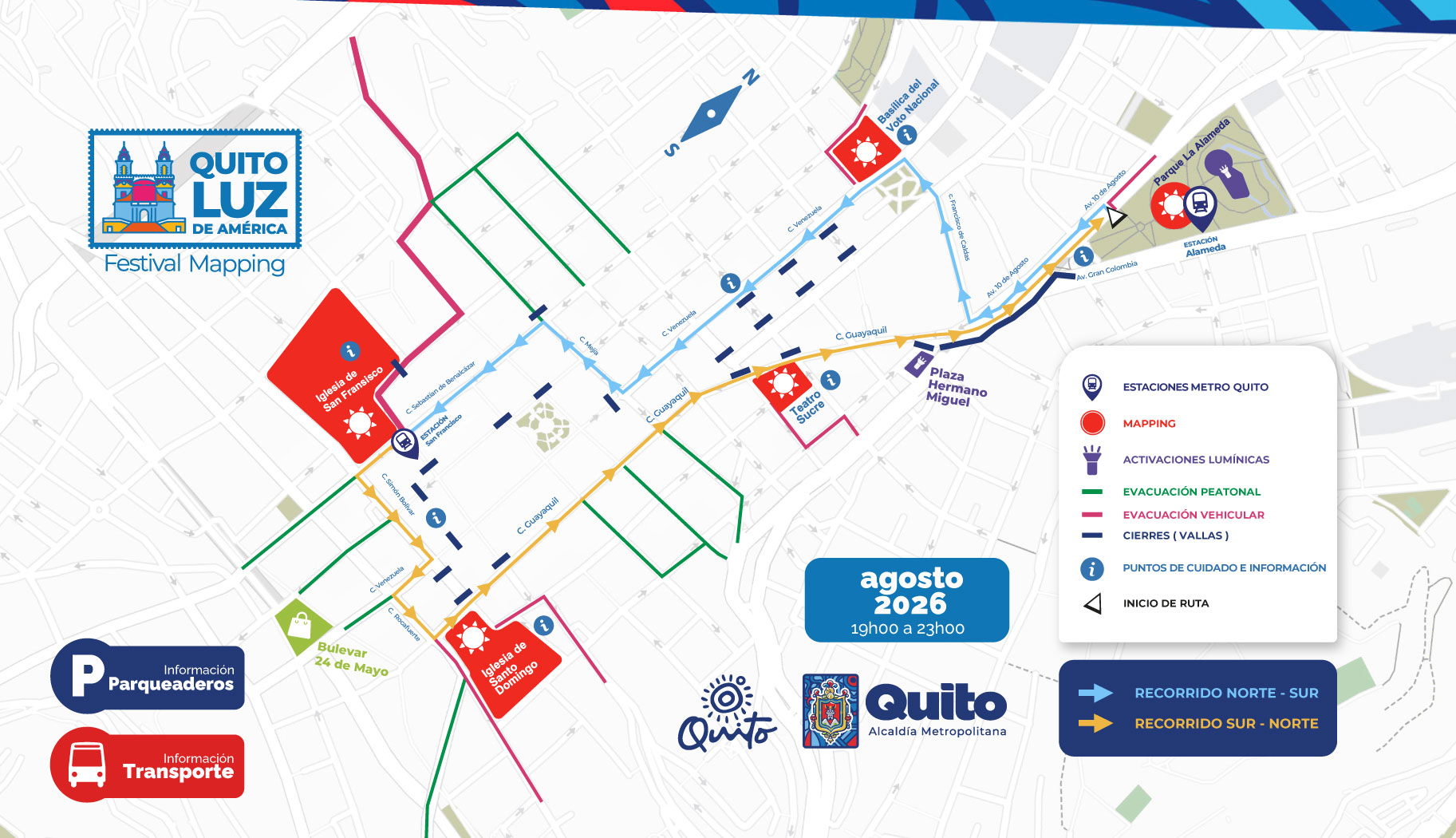 Mapa del Festival Quito Luz de América con puntos de mapping, activaciones lumínicas, rutas, transporte y puntos de información